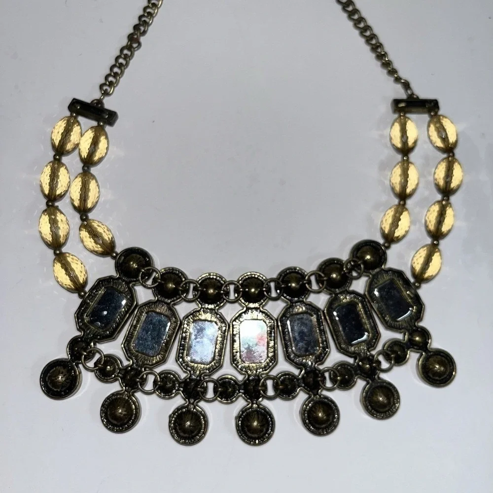 Statement Necklace Faceted Beads Chunky Gems Bib Chain Fashion Jewelry Gold Tone